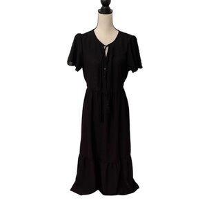 Elegant Black Maxi Dress Dokuritu Size Medium Flutter Sleeves Tie at Neck EUC